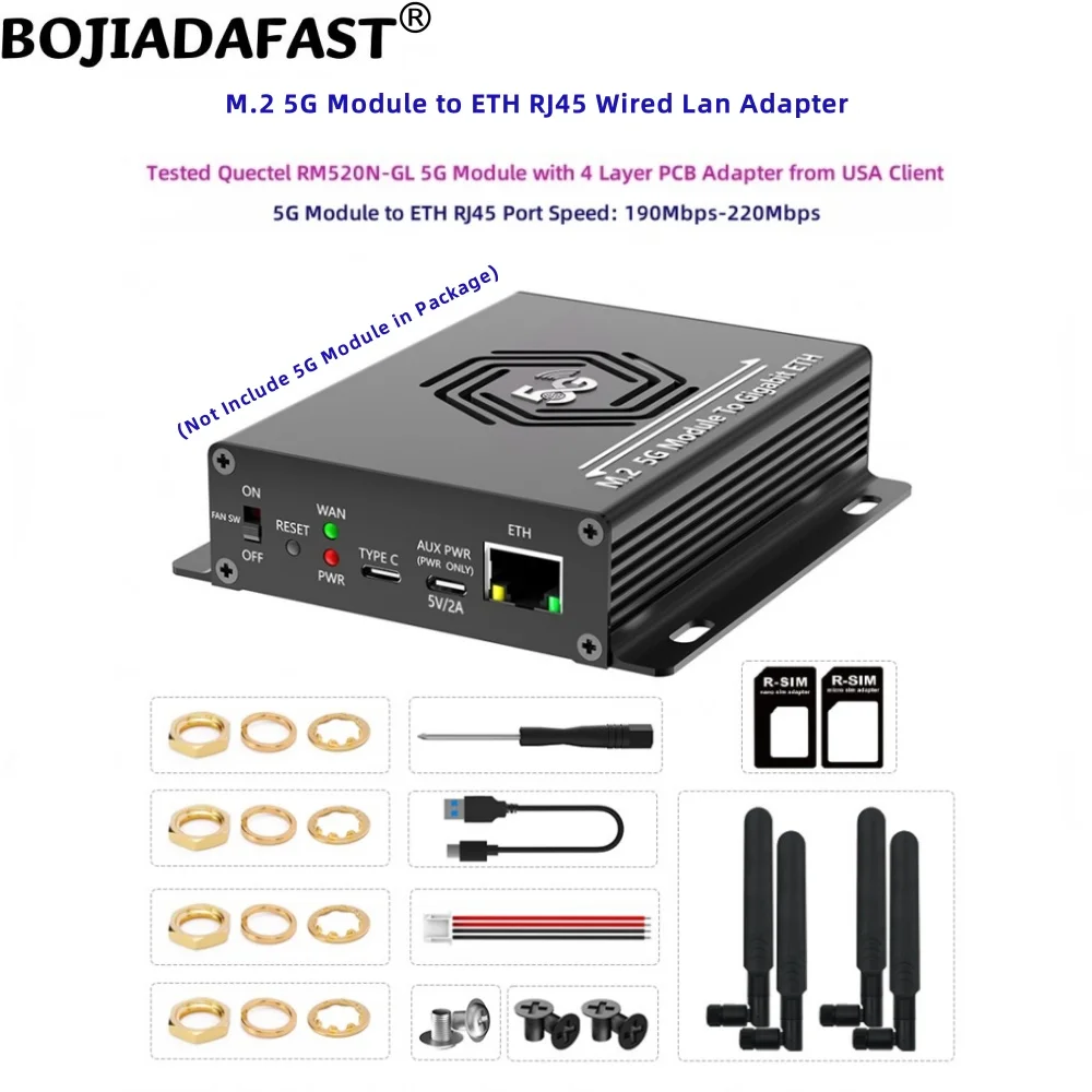 M.2 5G Module to ETH RJ45 Wired Lan Adapter 1 SIM Card Holder 4 Antennas Fan Protection Case For RM510Q-GL RM530N-GL RM520N-GL