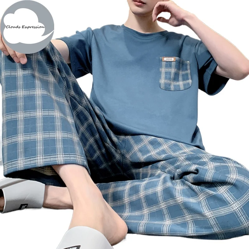 Summer Knitted Plaid Cool Mens Pyjamas Pajamas Casual Short Tops +Long Pants Sets Men's Sleepwear Nightwear Pijamas 4XL Homewea