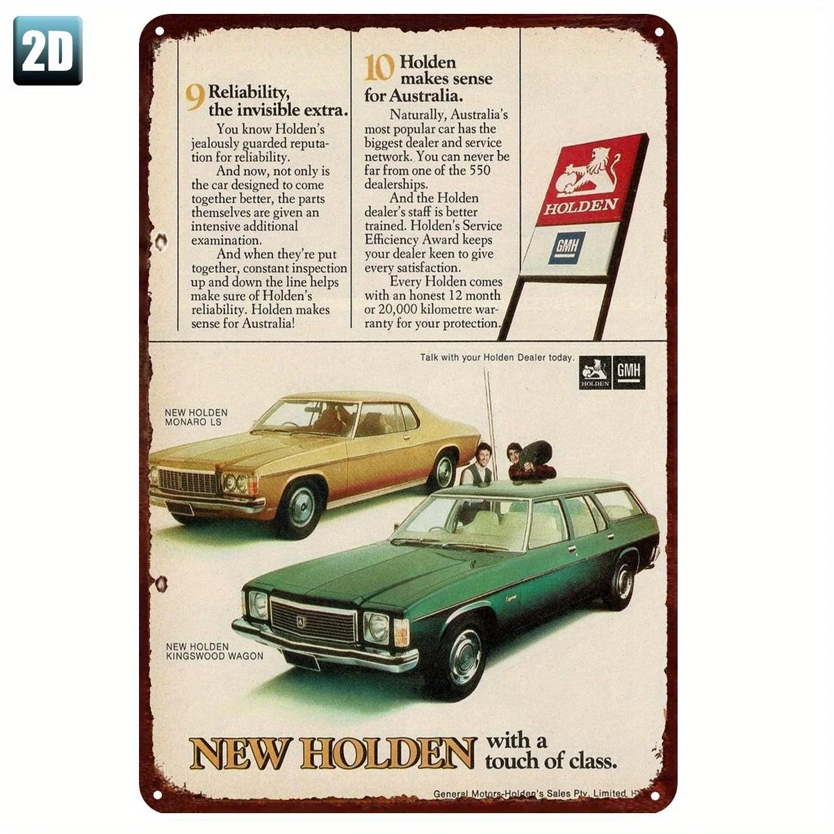 Vintage Tin Sign - a Must-Have for Classic Car Enthusiasts, Rustic Metal Wall Art, Featuring New Monaro and Kingswood Station Wagons, Retro Australia