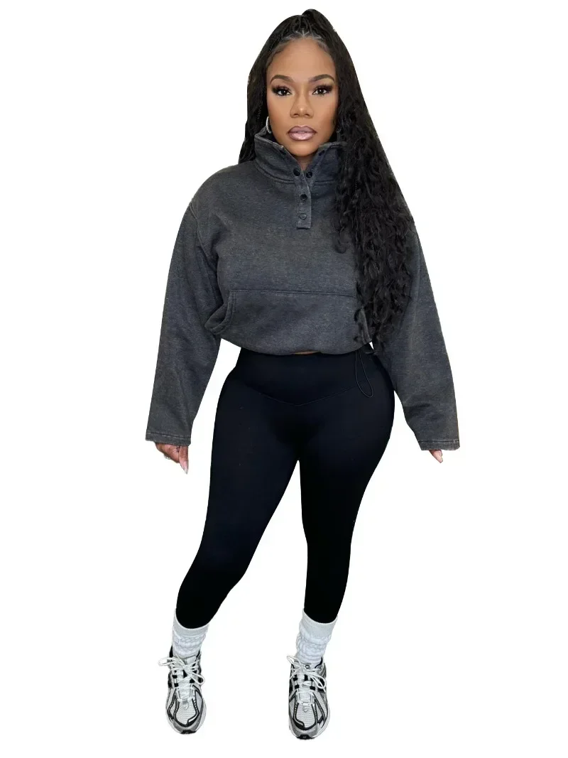 Women Solid Fitness Workout 2 Piece Set Washed Cotton Buttons Turtleneck Full Sleeve Sweatshirts High Waist Leggings Pants Suits