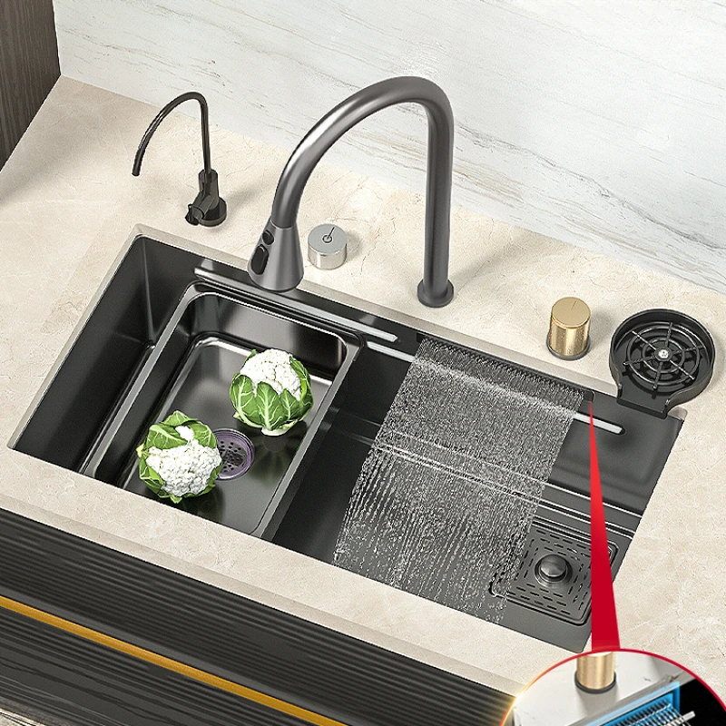 

Black waterfall sink 304 stainless steel large single tank hand-made sink kitchen sink