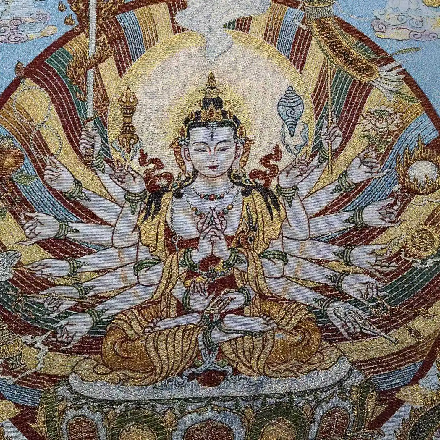 Tibetan Buddhist silk tapestry gold silk embroidery Thangka painting thousand hands Avalokitesvara zhunti mother statue