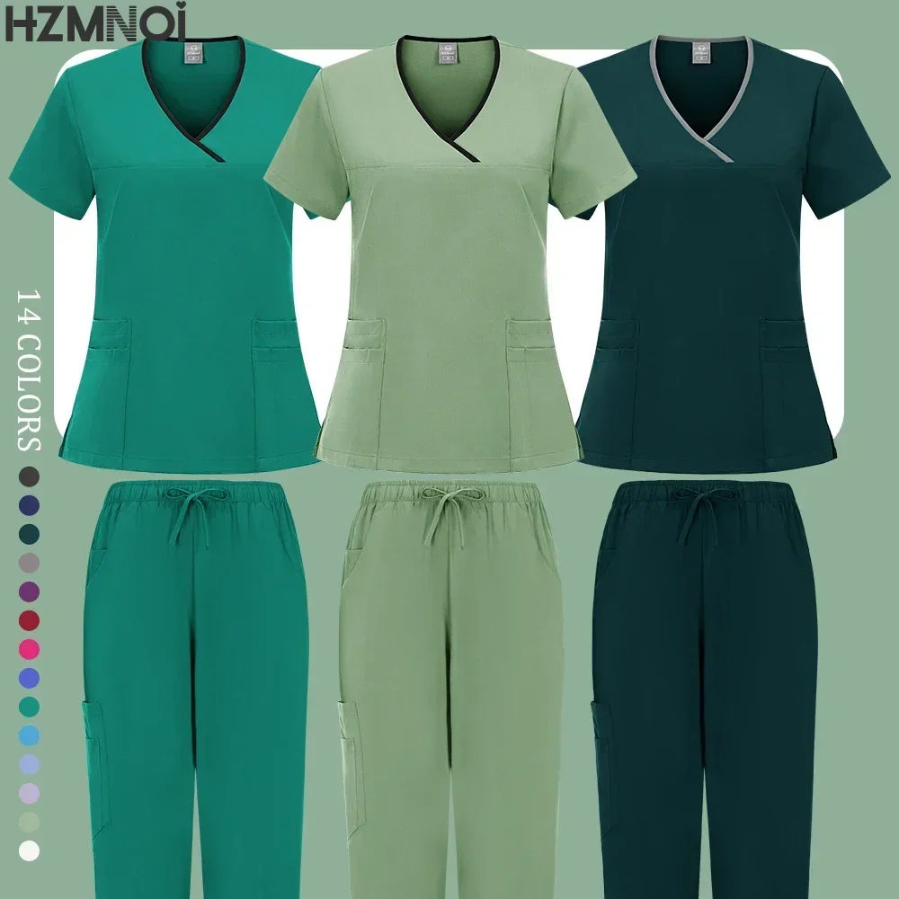 Medical Nurse Beauty Salon Workwear Clinical Scrubs Top + Pant Spa Doctor Nursing Tunic Suit Surgical Uniforms Woman Scrub Set