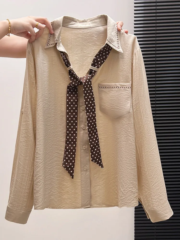 Loose Long Sleeve Shirt Women's Blue Texture Collar Detachable Polka Dot Bow Tie Pocket Gentle Commute Top Fashionable Versatile