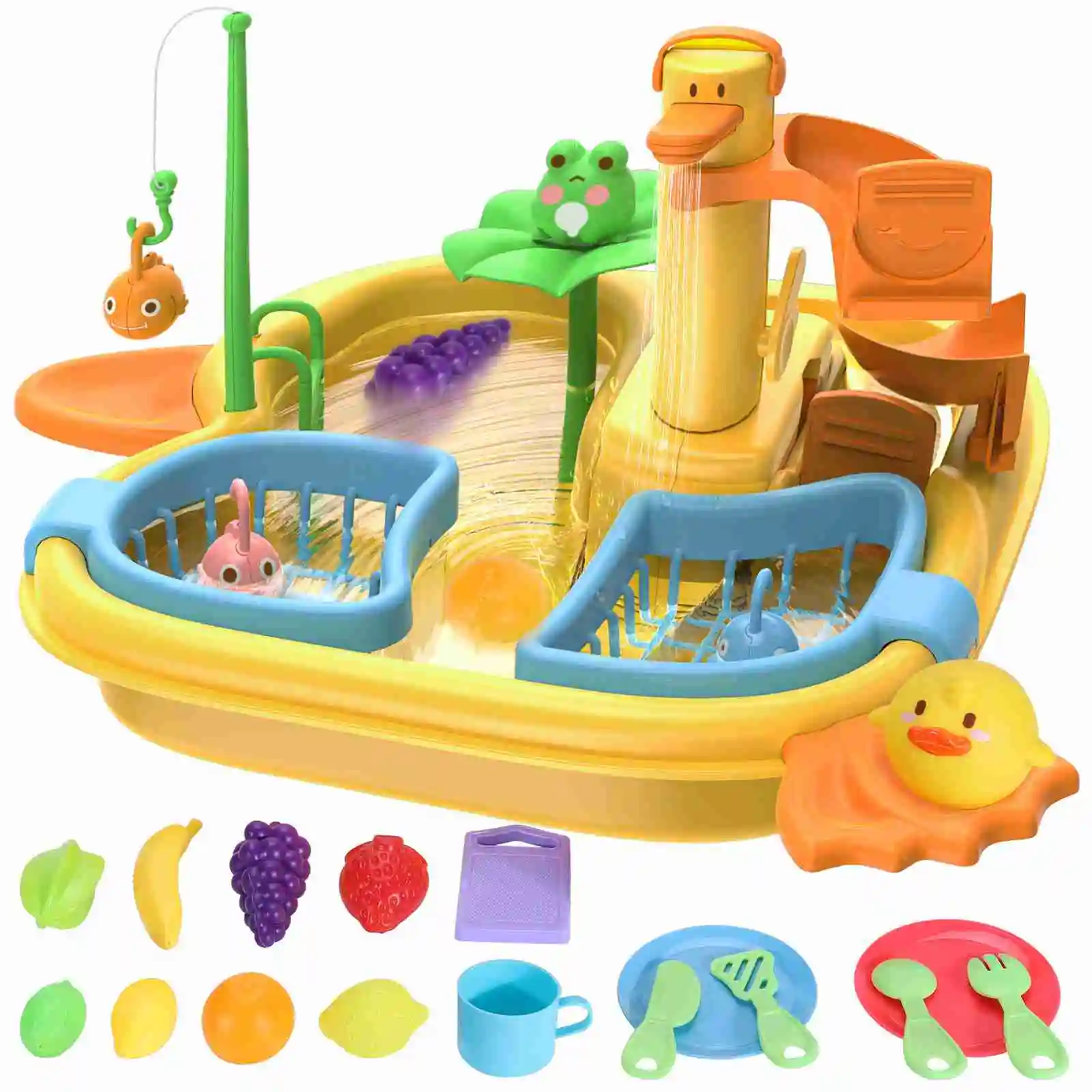 

Play Sink with Running Water Cutting Food 2 in 1 Role Play Kitchen Sink Toys Pool Floating Fishing Game for Toddlers Kids Yellow