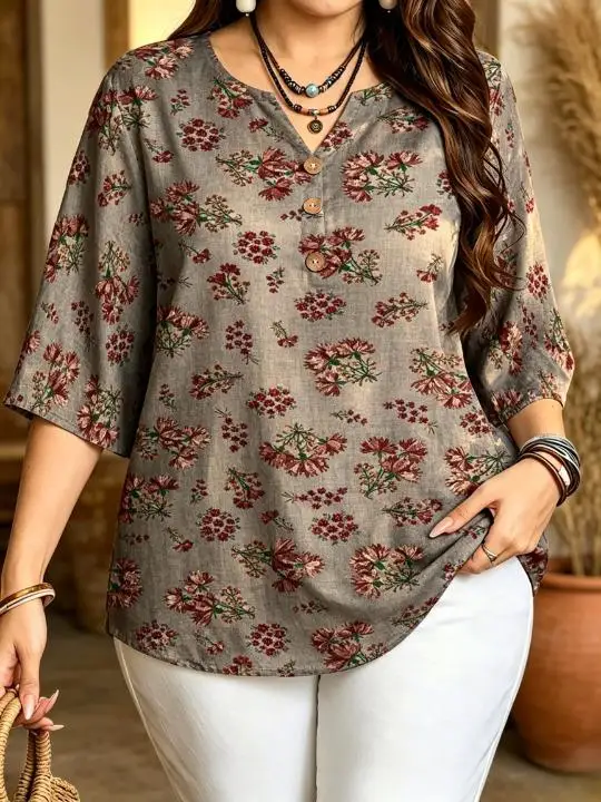 Plus Size Women 3/4 Sleeve V‑Neck Blouse Soft Ditsy Floral All‑Over Print Button Decoration Loose Casual Daily Tops