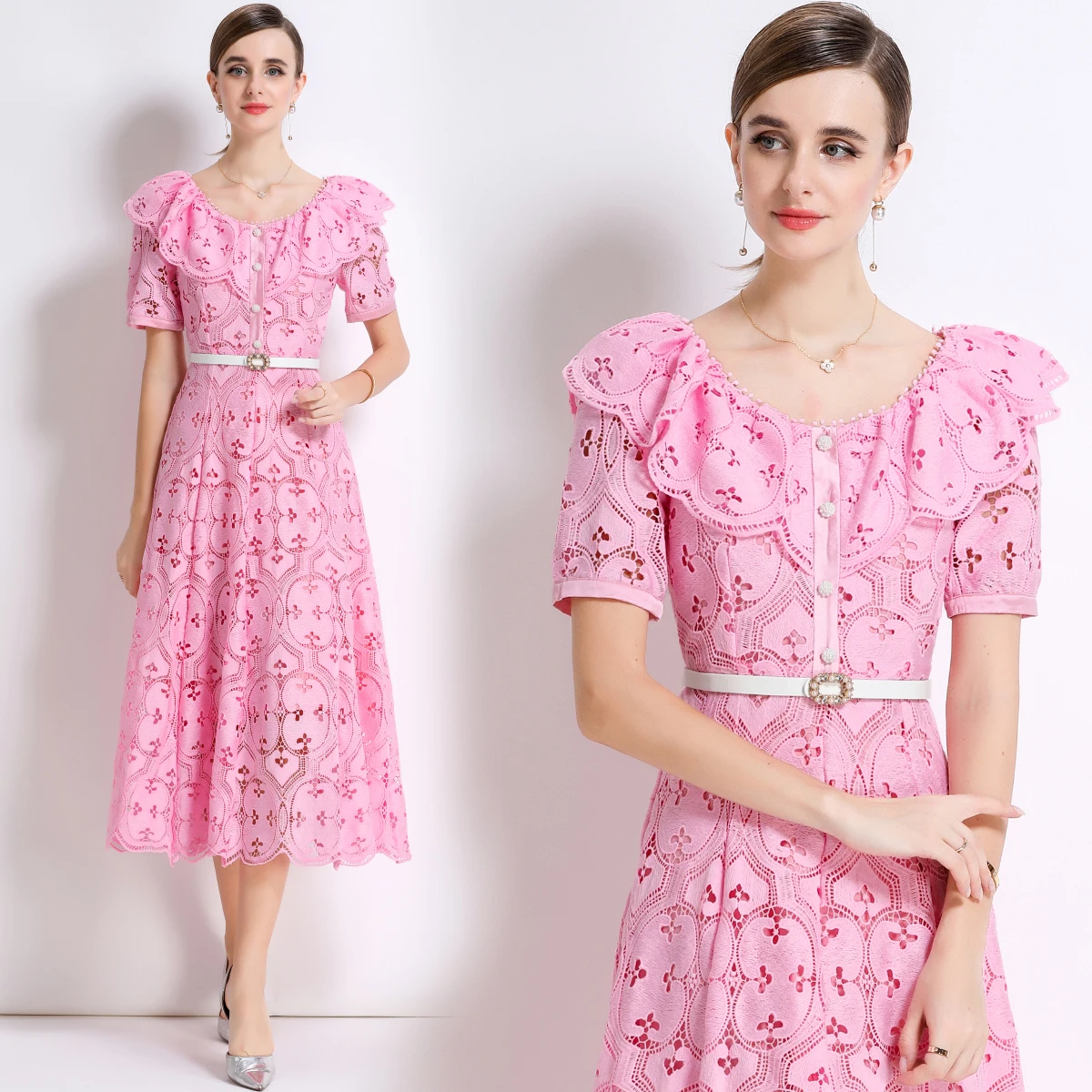 

Легкая юбка Vaion Lace Dr с ажурной вышивкой и воротником-колокол, с поясом, подходит для путешествий