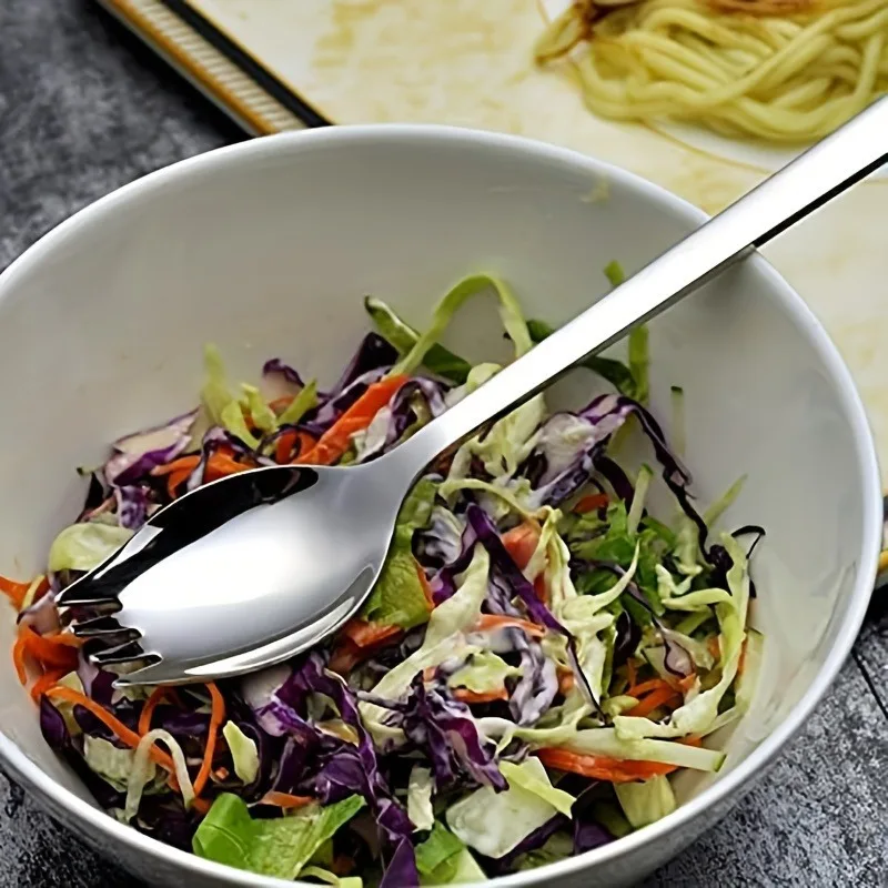 1pc Stainless Steel Long Handle Fork Spoon Integrated Spoon Tableware Set-Creative Household Salad Spoon Student Fruit Spoon