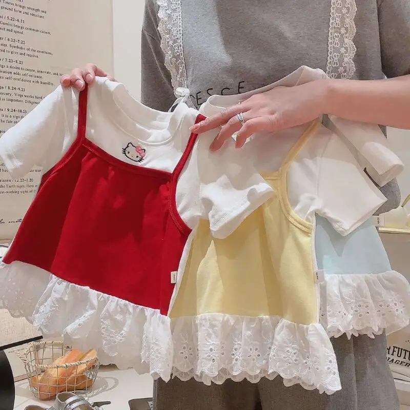 

Новая летняя модная милая детская футболка с короткими рукавами и вышивкой для девочек, универсальная кружевная футболка с героями мультфильмов и аниме, удобные топы