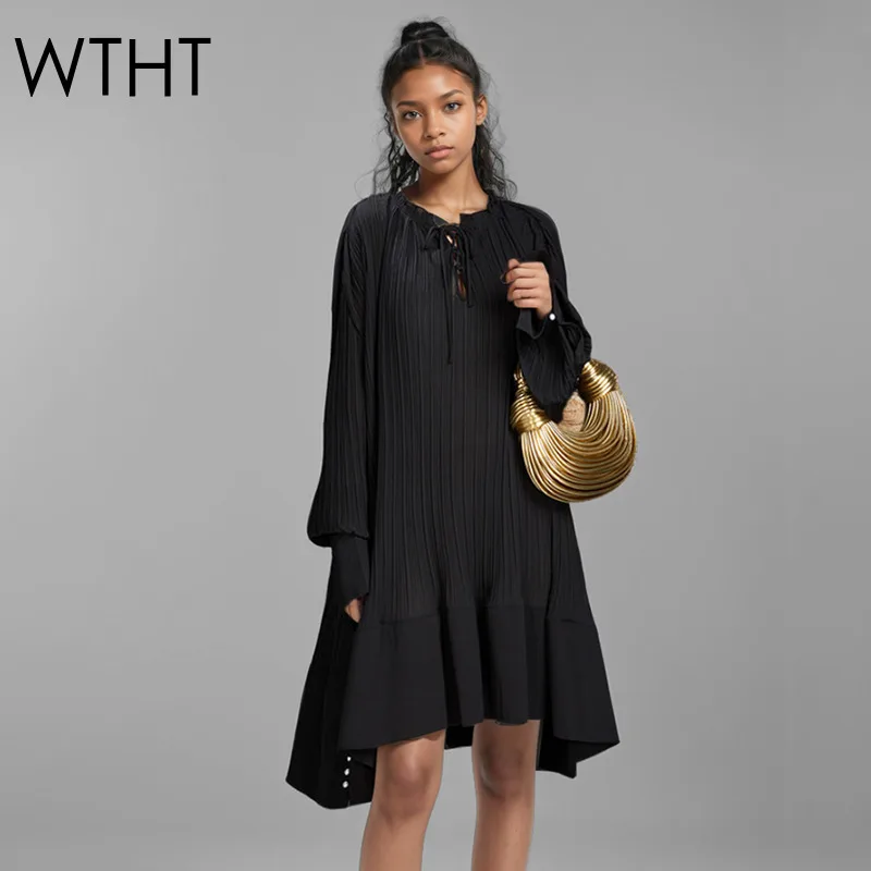 WTHT Fashion Women's V-neck Bandage Design Wrinkled Shirt Dress 2024 Winter Trendy Long Sleeves Dresses Female 1LS624