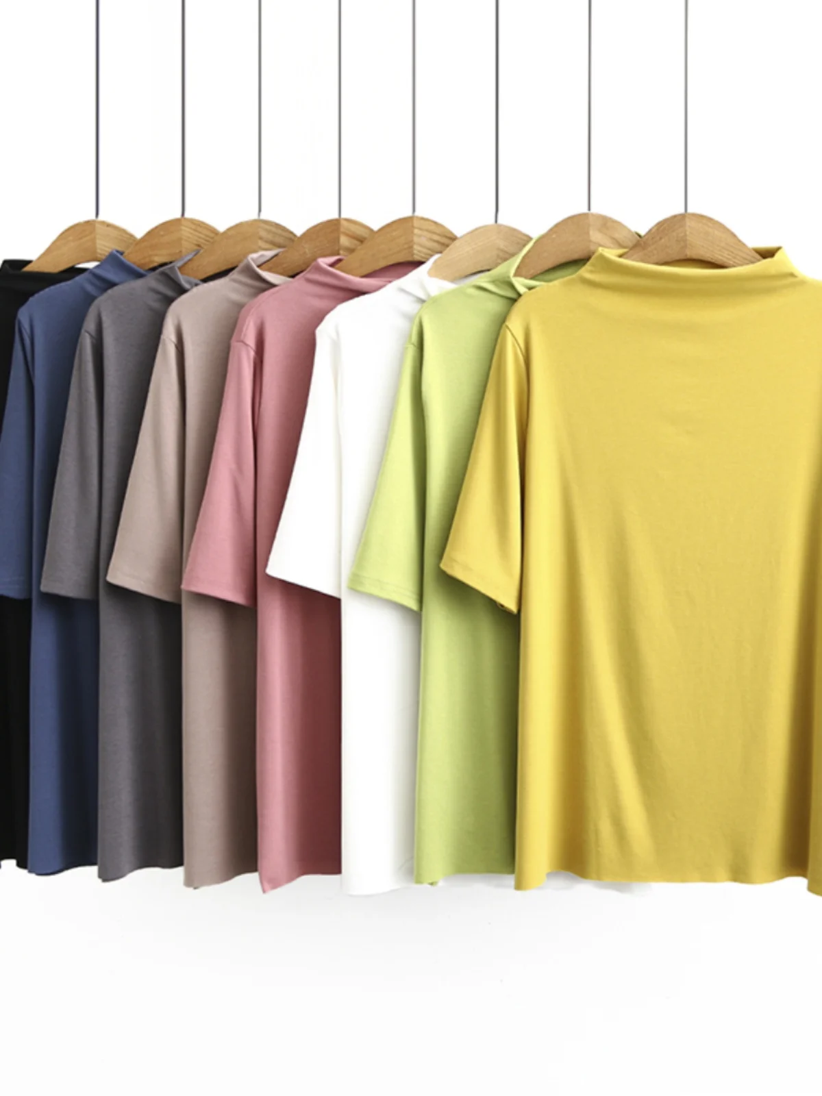 Spring Summer plus Size Women's Base Shirt Candy Color Half High Collar Five Sleeve T-Shirt Korean Style round Neck Cotton Po...