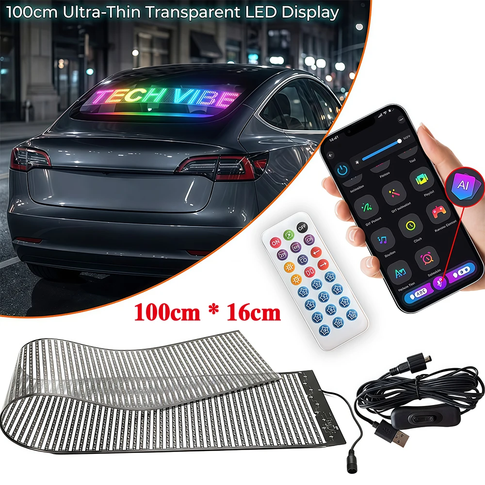 100cmx16cm Flexible LED Devil Eyes Windshield Light, APP Remote, AI Voice, Custom Text for Car Truck SUV RV Window Decor
