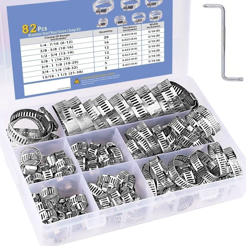 82Pcs Hose Clamp Assortment Stainless Steel Worm Gear Hose Clamp Adjustable 6 To 38mm