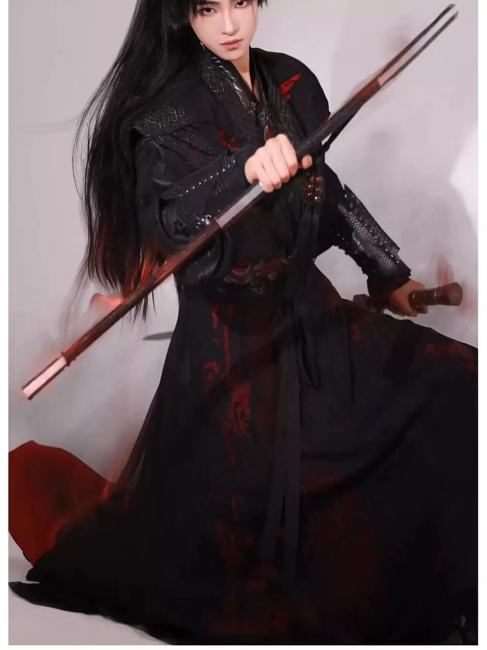 

Men's Dark Black Embroidery Hanfu Traditional Tang Dynasty Cross Collar Beizi Skirt Niche Halloween Swordsman Cosplay Suit 2026