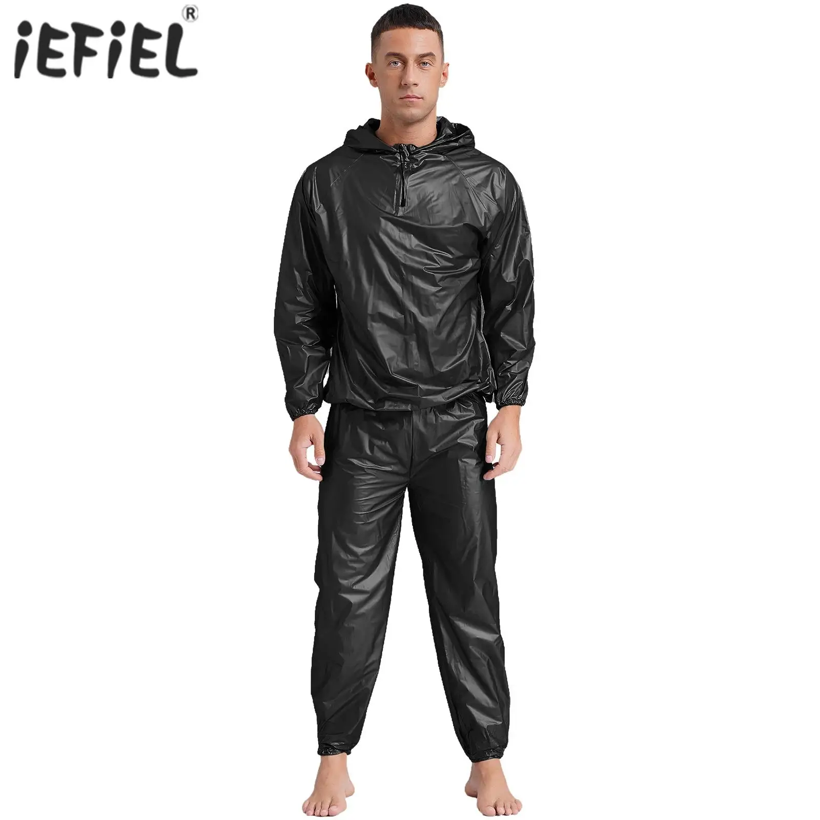 Herren Sport Outfits Sauna Schweiß setzt Langarm Kapuzen jacke Oberbekleidung und lange Hosen PVC Schweiß anzug für Fitness Workout Yoga