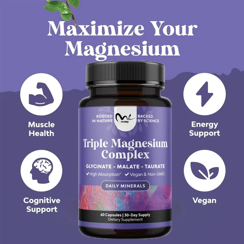 Complexe triple de magnésium, 60 capsules de taurate de magnésium et de malate de magnésium, utilisé à des fins musculettiques persistantes