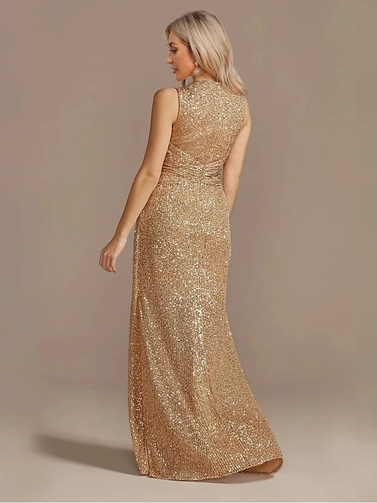 フォーティ エレガント スパンコール ロング カスタムドレス |   Vネックノースリーブフィットシース、スカートボトムスリット付きバンケットガウン、パーティードレス