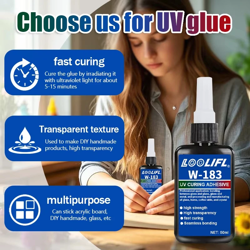 LOOLIFL W‑183 UV Curing Adhesive 50ml High Transparency Fast Curing Seamless Bonding UV Glue for Glass Acrylic Plate DIY Jewelry