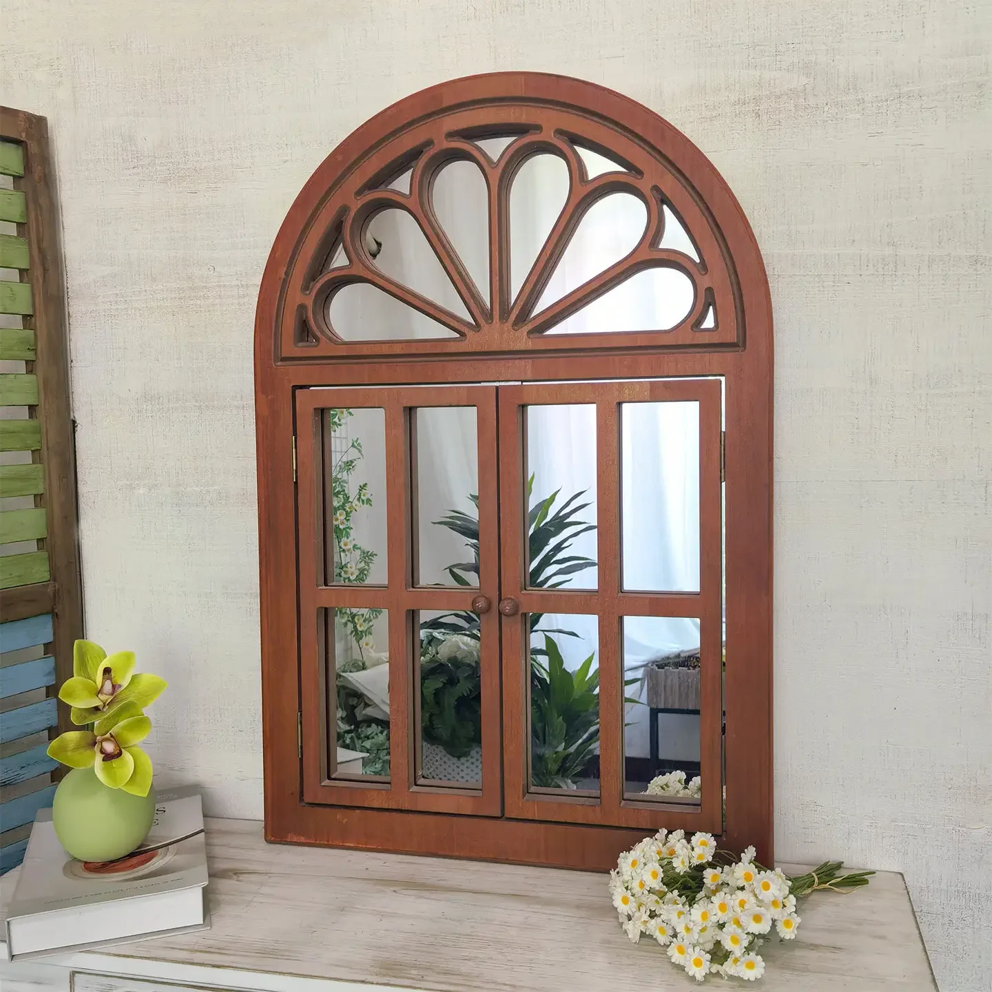 Vintage simulation fake window mirror wall hanging   living room entrance background   hearth mirror French arch
