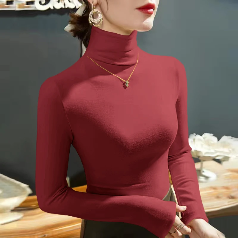 2023 Fashion Autumn Winter Female Turtleneck Fleece Stretch Shirt Women Long Sleeve T-shirt Warm Basic Pullover Bottoming Tops