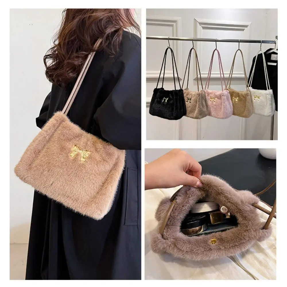 Cream Color Plush Bow Shoulder Bag Korean Style Large Capacity Vacation Tote Bag Office Worker Tote Solid Color Shoulder Bag