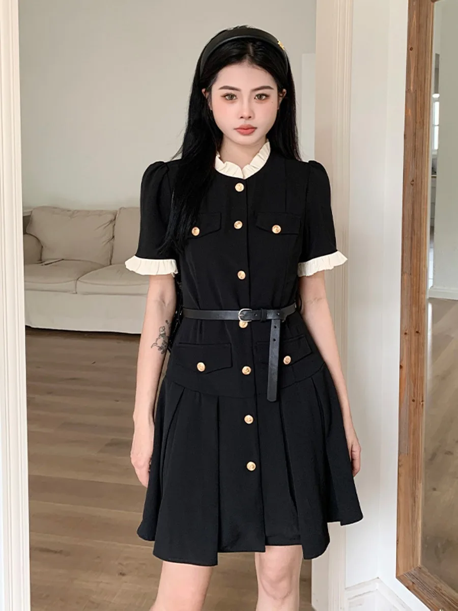 

Women's Korean Waist Slimming Dress With Belt Summer New Style O-Neck Single Breasted Design Short Dresses Large Size M-4XL
