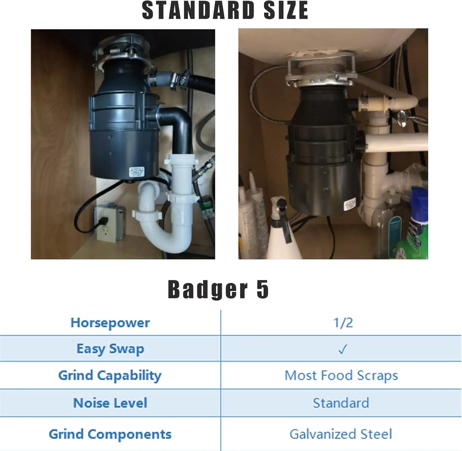 Disposal with Cord, Badger 5, 1/2 HP Continuous Feed, Black