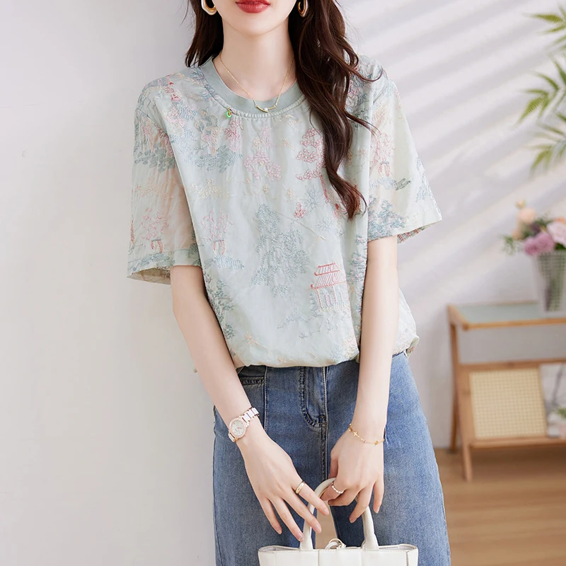 

Новая китайская футболка с тяжелой вышивкой ort Sve, женская модная круглая футболка больших размеров, универсальный летний топ