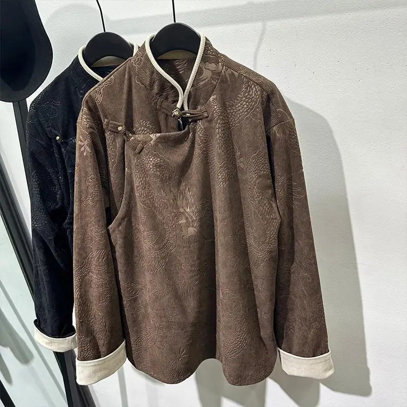 Trendy vintage new Chinese-style corduroy printed loose shirt, high-end edgy Zhongshan suit shirt.