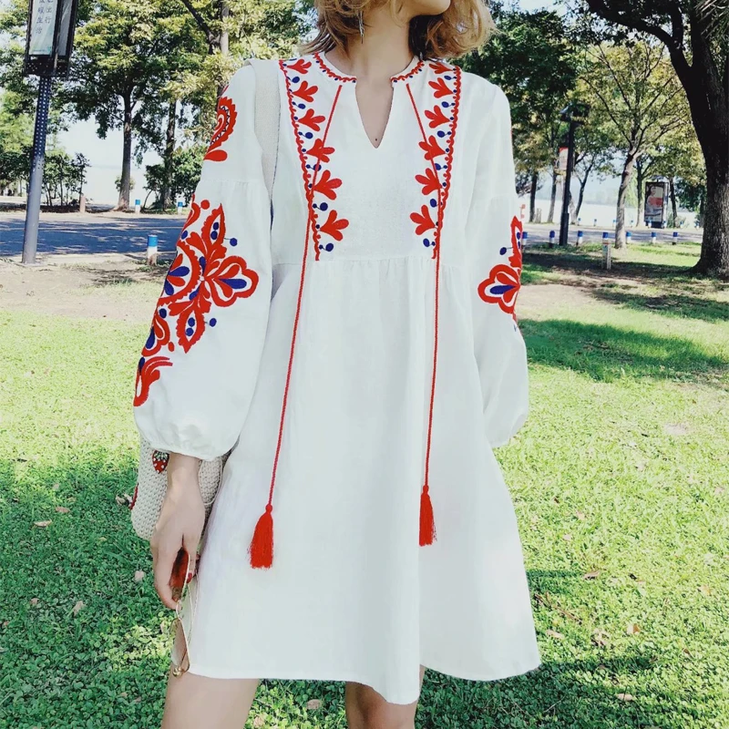 Spring Autumn Vacation Tourism Bow Tie Neck Dress Women Loose Elegant Ethnic Lantern Sleeve Cute Embroidered Floral Cute Dresses