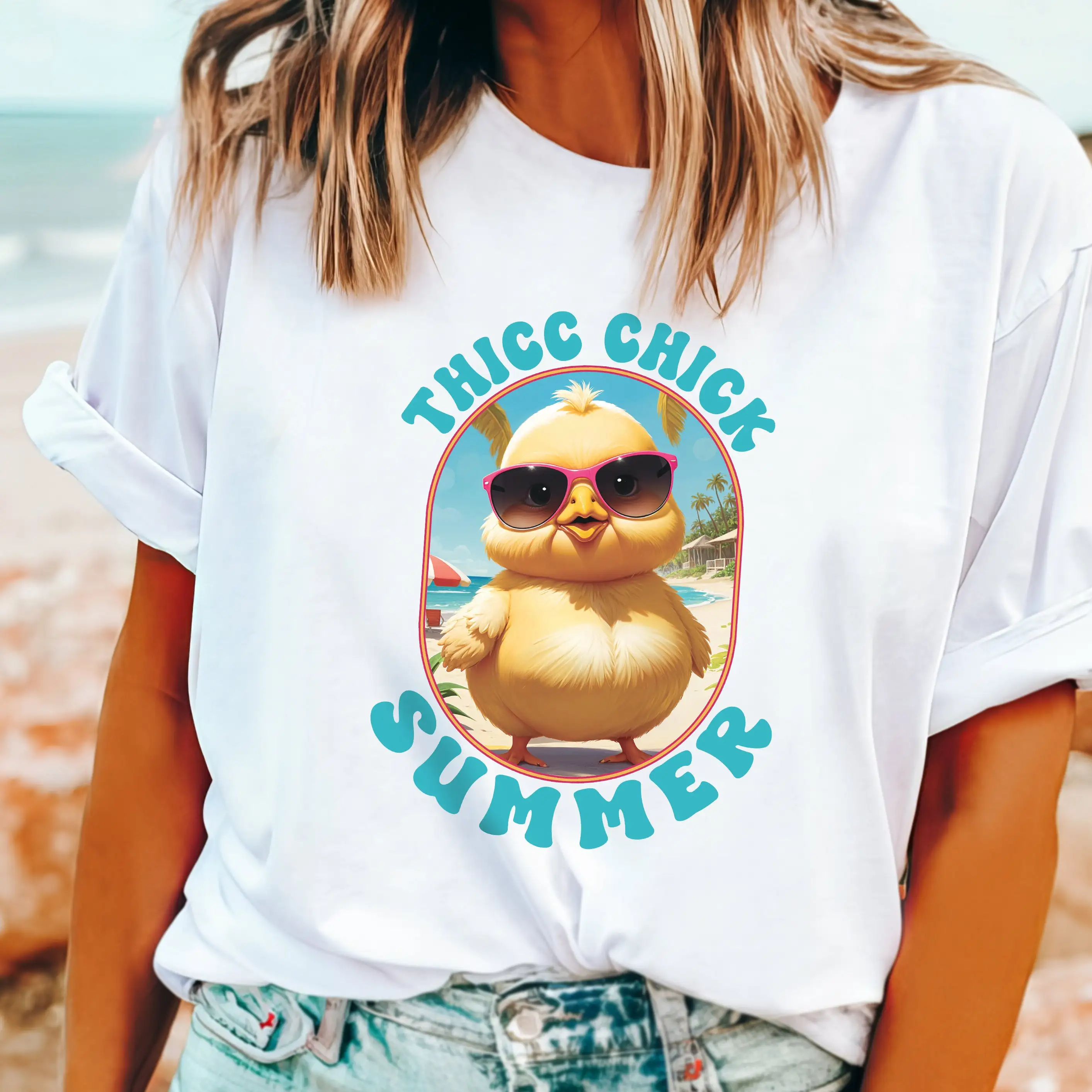 

Летняя забавная футболка Thicc Chick с мемами, толстая пародия для девочек, идея для нее, юмористическая одежда для пляжного отдыха