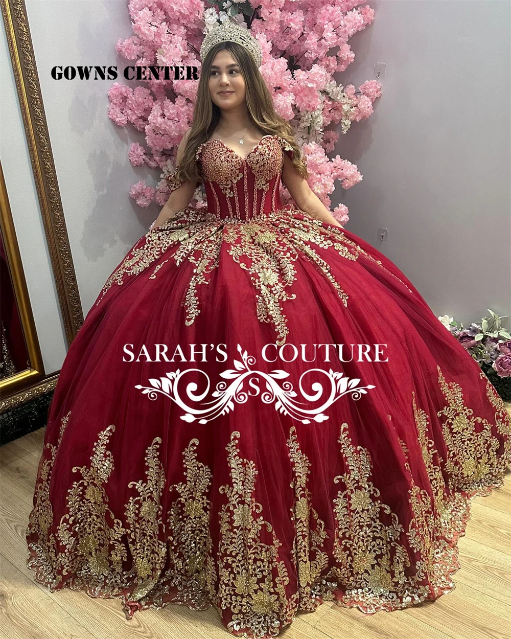 

Mexican Gold Sequin Applique Red Quinceanera Dress Ball Gown Formal Graduation Princess Lace Up Sweet 16 Dress vestido de 15 año