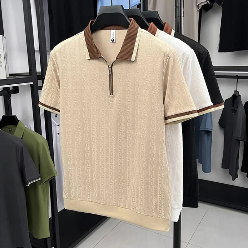 

Мужская футболка-поло из текстурированного трикотажа Ice Silk с коротким рукавом и молнией до середины груди, повседневная летняя модель