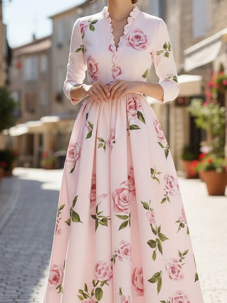 Elegant Long Sleeve Pleated Banquet Dress Fashion Lady High Waist A-line Dresses Temperament V-neck Floral Printed Evening Dress