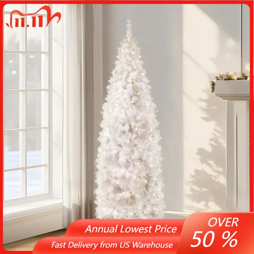 6Ft Pre-Lit Fir Pencil Christmas Tree, White Artificial Slim Skinny Christmas Tree for Party Decoration ,250  Lights.