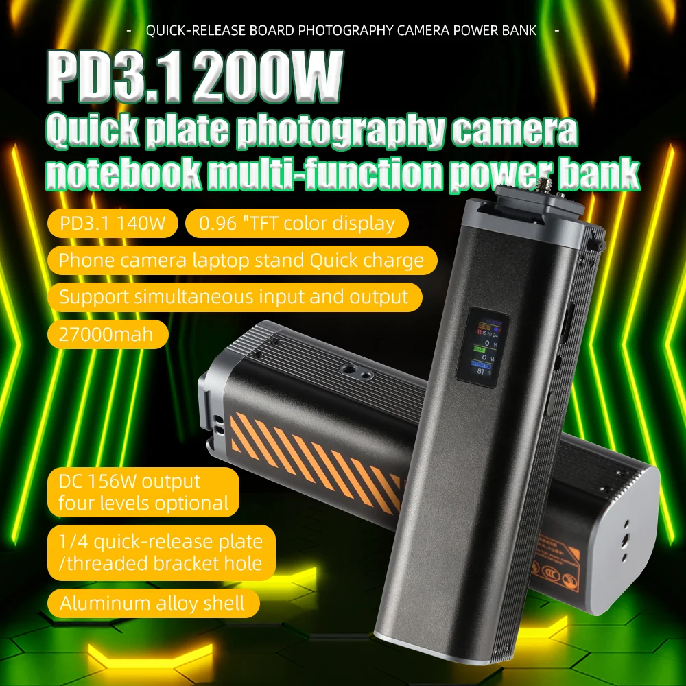 200W PowerBank 27000mah PD3.1 140W Schermo TFT a colori da 0,96 pollici Guscio in alluminio DC Regolabile UPS Fotocamera Laptop Telefono Ricarica rapida