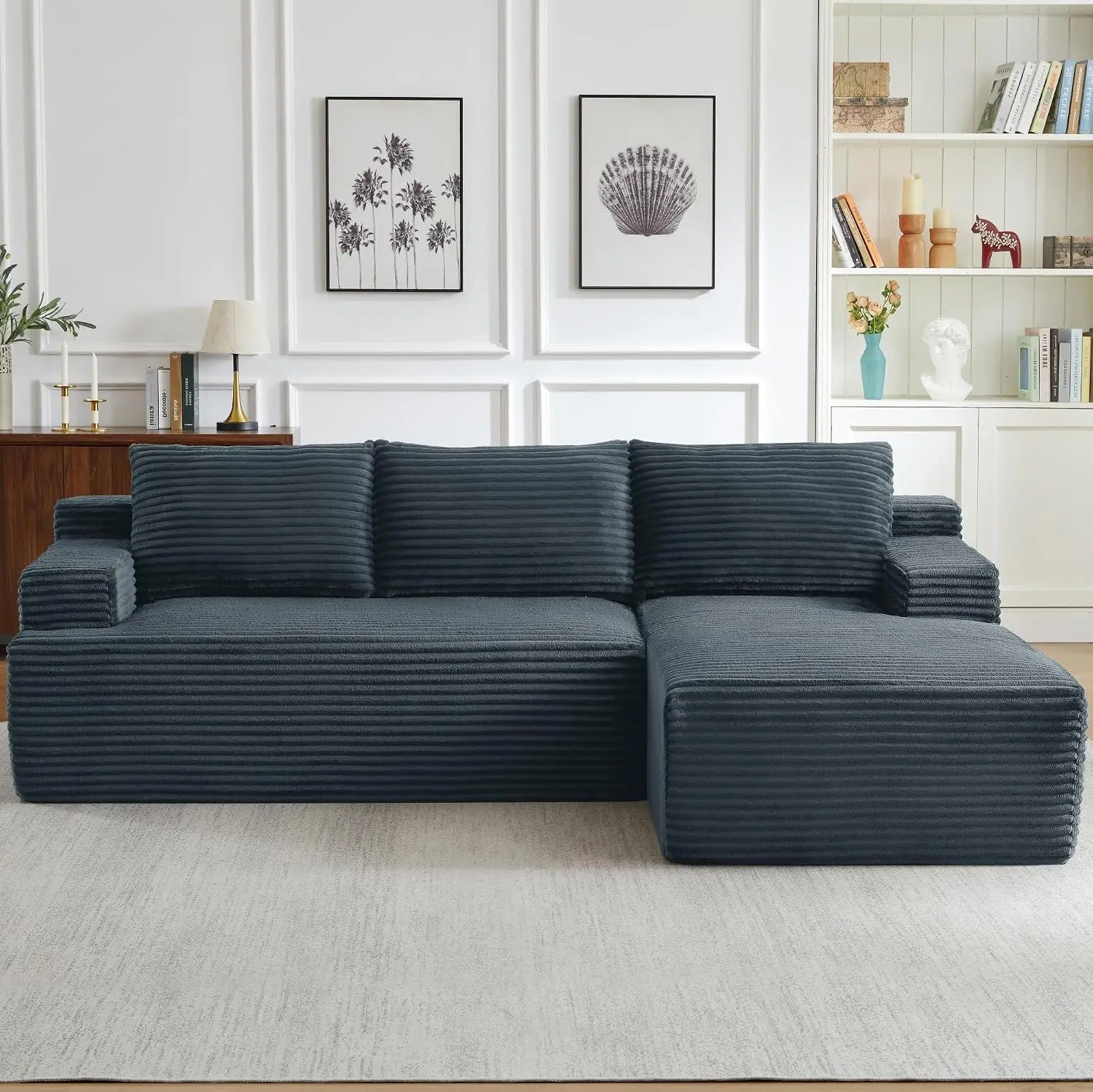 Cloud Modular Sofa, 97 Inch Deep Seat Corduroy L-Shape Chaise For Living Room Bedroom, No Assembly, Grey, Customized