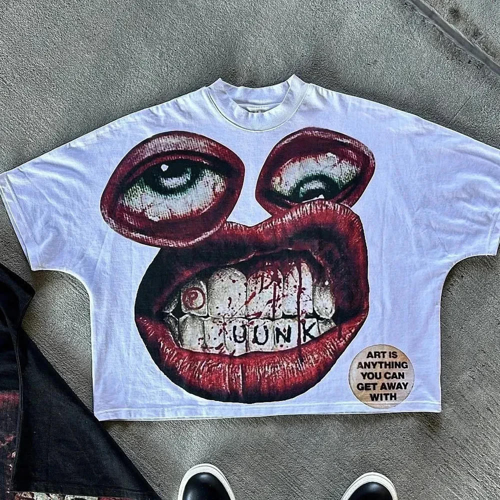 Camiseta de algodón Y2K para hombre y mujer, camiseta Harajuku de Hip Hop con estampado de boca de ojos grandes, camisetas de manga corta clásicas Retro de gran tamaño