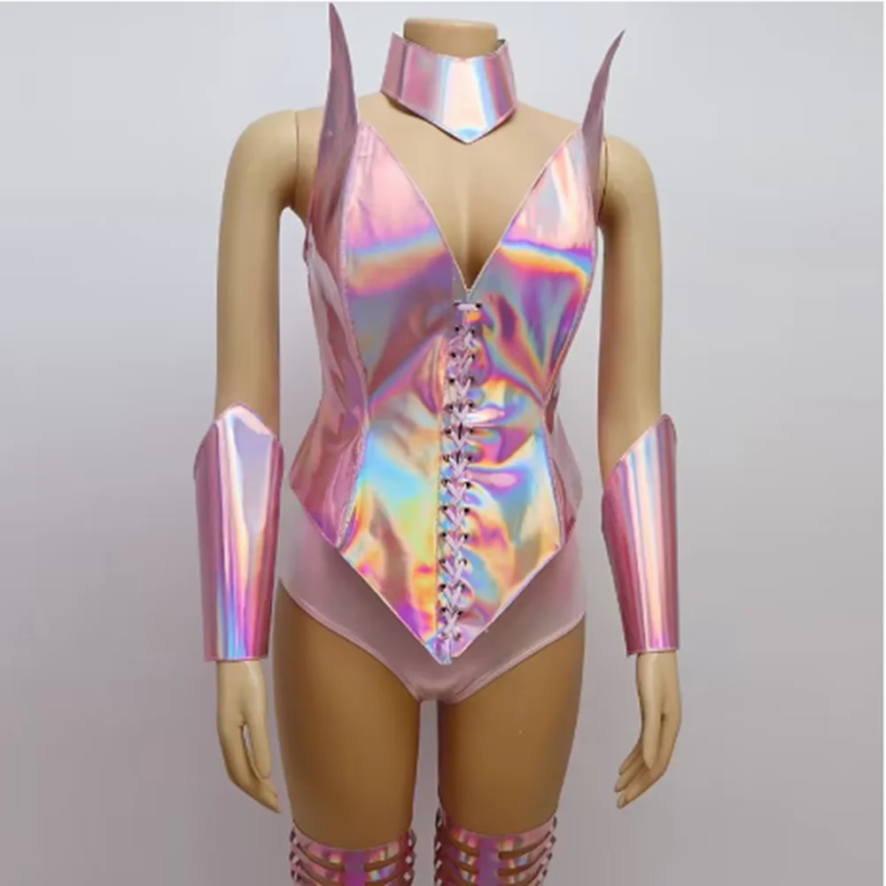 Laser Armor Jumpsuit Gogo Show Stage Outfit Drag Queen Clothes Nightclub Bar Club Rave Wear Carnival Fancy Costume Pink