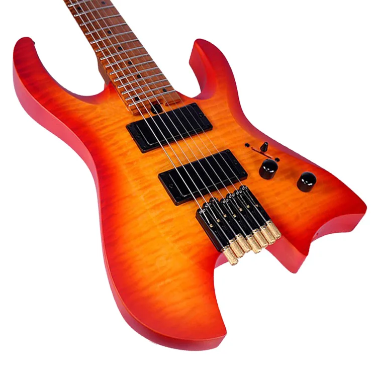 Горячая распродажа 2025 года, 7-струнная безголовая электрогитара - бесшумный дизайн для путешествий с грилевой кленовой накладкой, панель с тигровым узором TOP