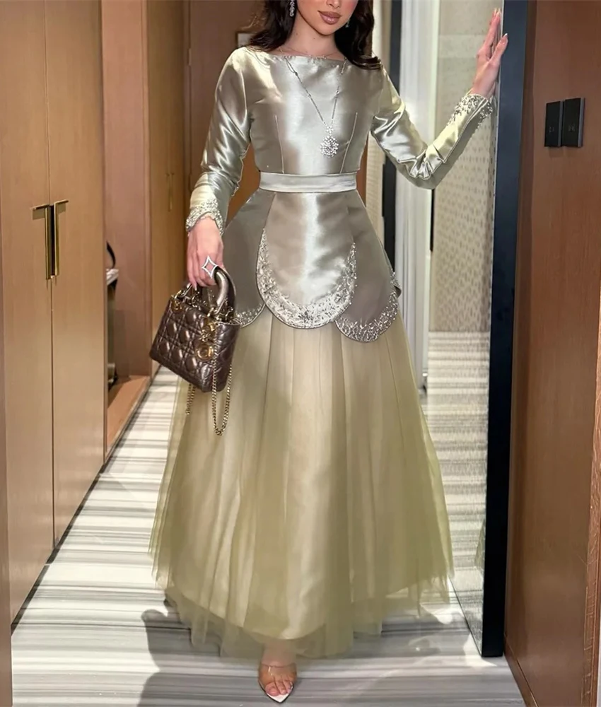 

Customized Luxury Satin A-Line Crystal Evening Dress Temperament O-neck Long Sleeves Floor Length Bespoke Occasion Gowns