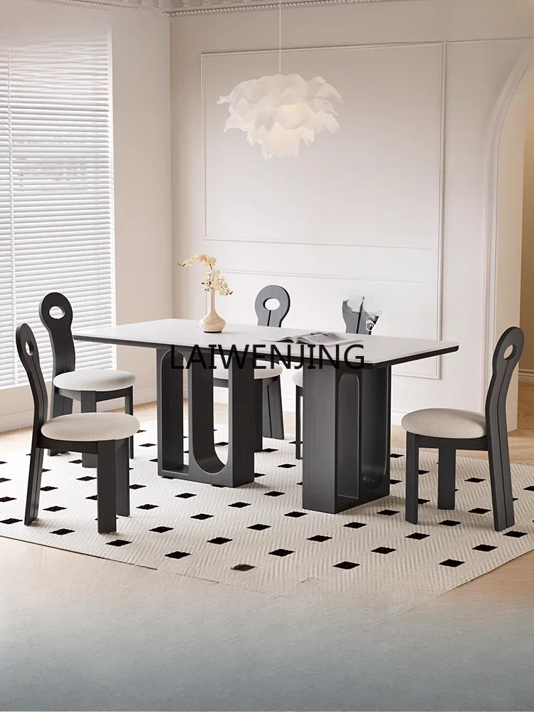 

MJY Italian rock slab dining table Small apartment dining table and chairs French retro style black solid wood dining table