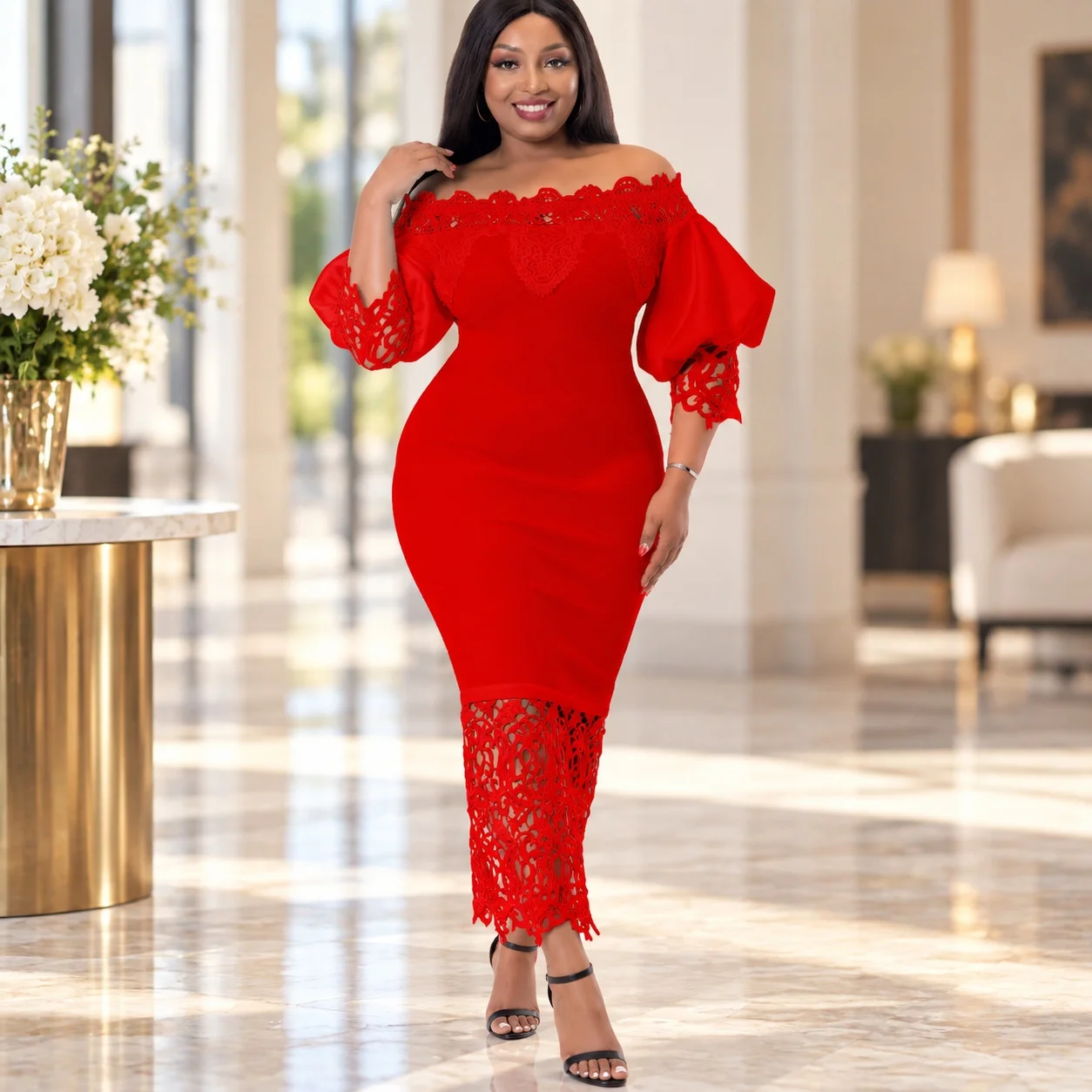 Patchwork Cap Sleeve Gown High Waist Elegant Office with Commuter Chic Pencil Skirt Lantern Sleeve Dress Summer for Women