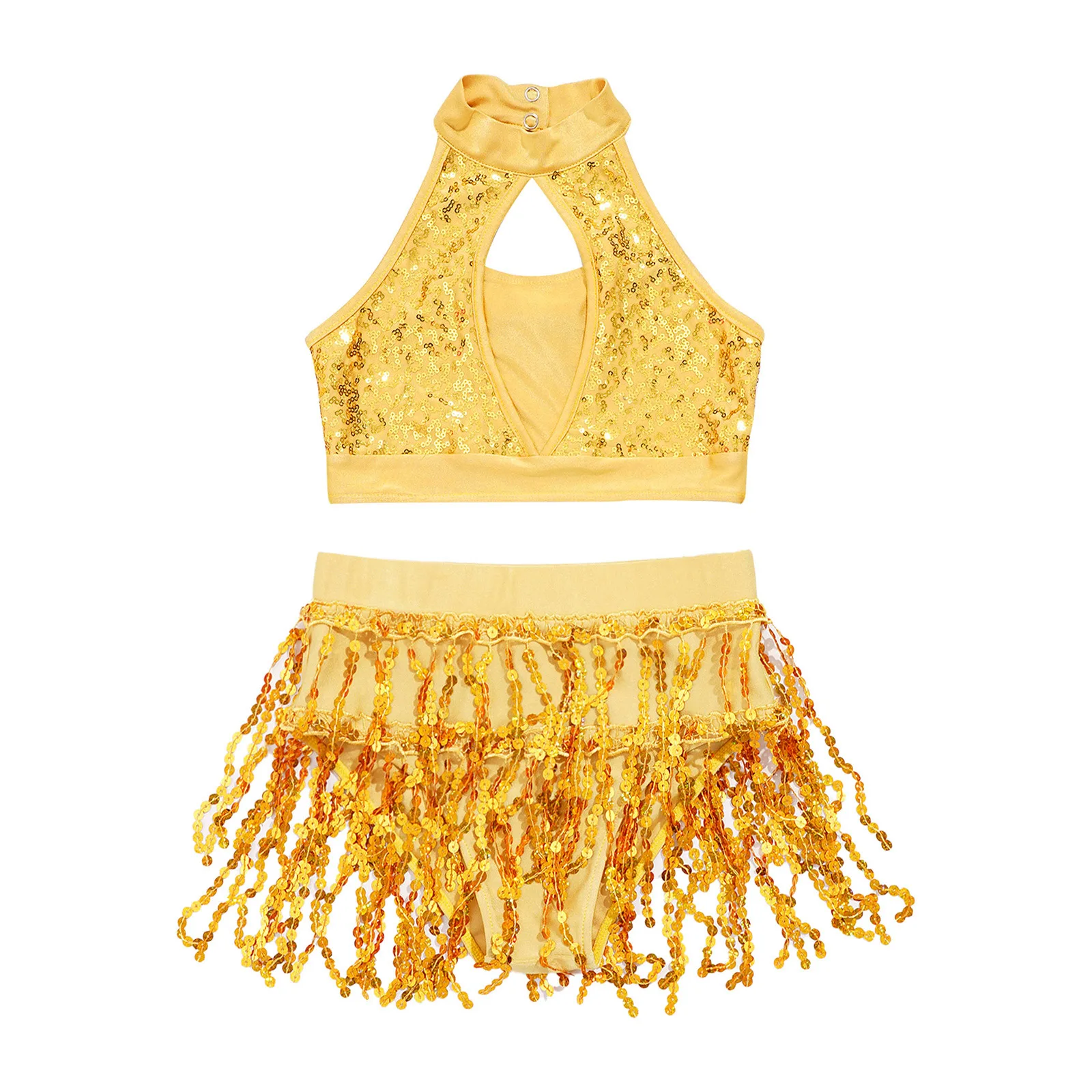 Kids Girls Jazz Latin Samba Dance Performance Costume Sequin Dance Outfit Hollow Halter Top Sequin Fringe Shorts Suit