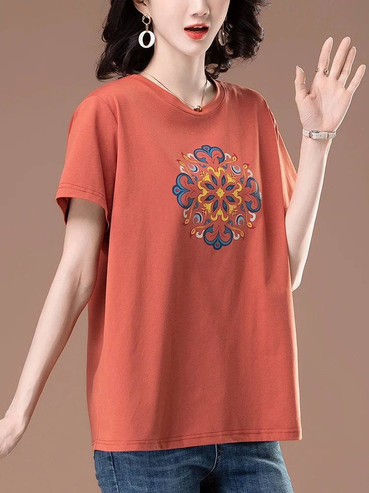 

plus Size Loose ort Sve T-irt Women's Summer New Sle Mom's Faion Casual Cotton Polyester Printed round Ne Top