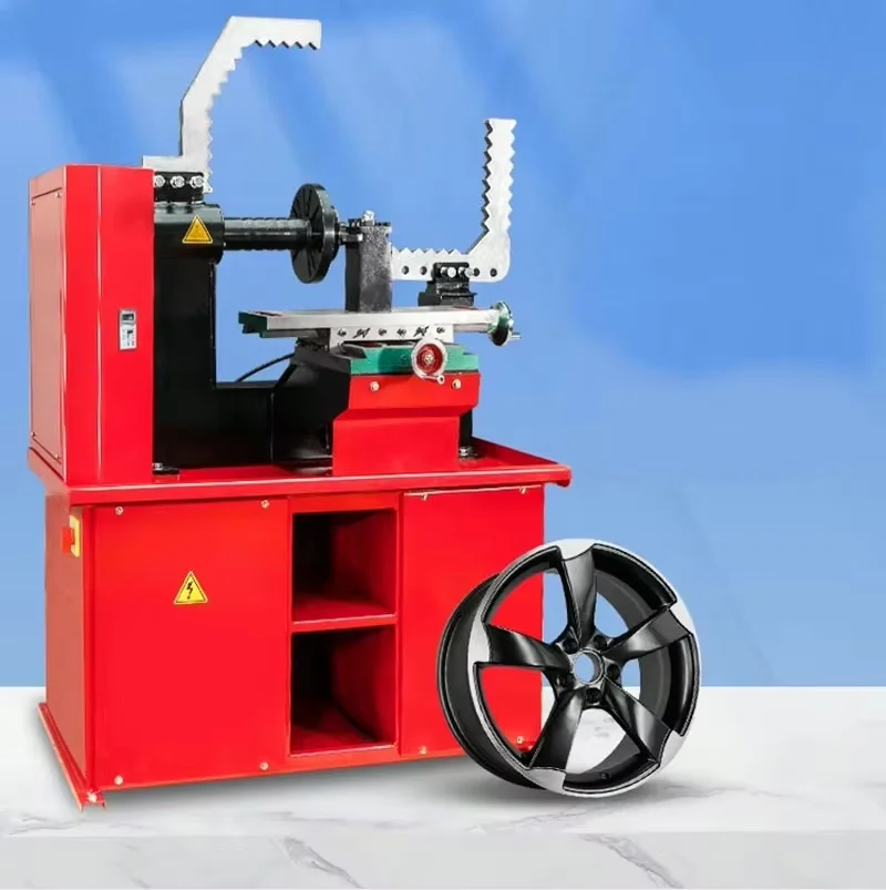 Wheel rim straightener with lathe repair wheel hub machine