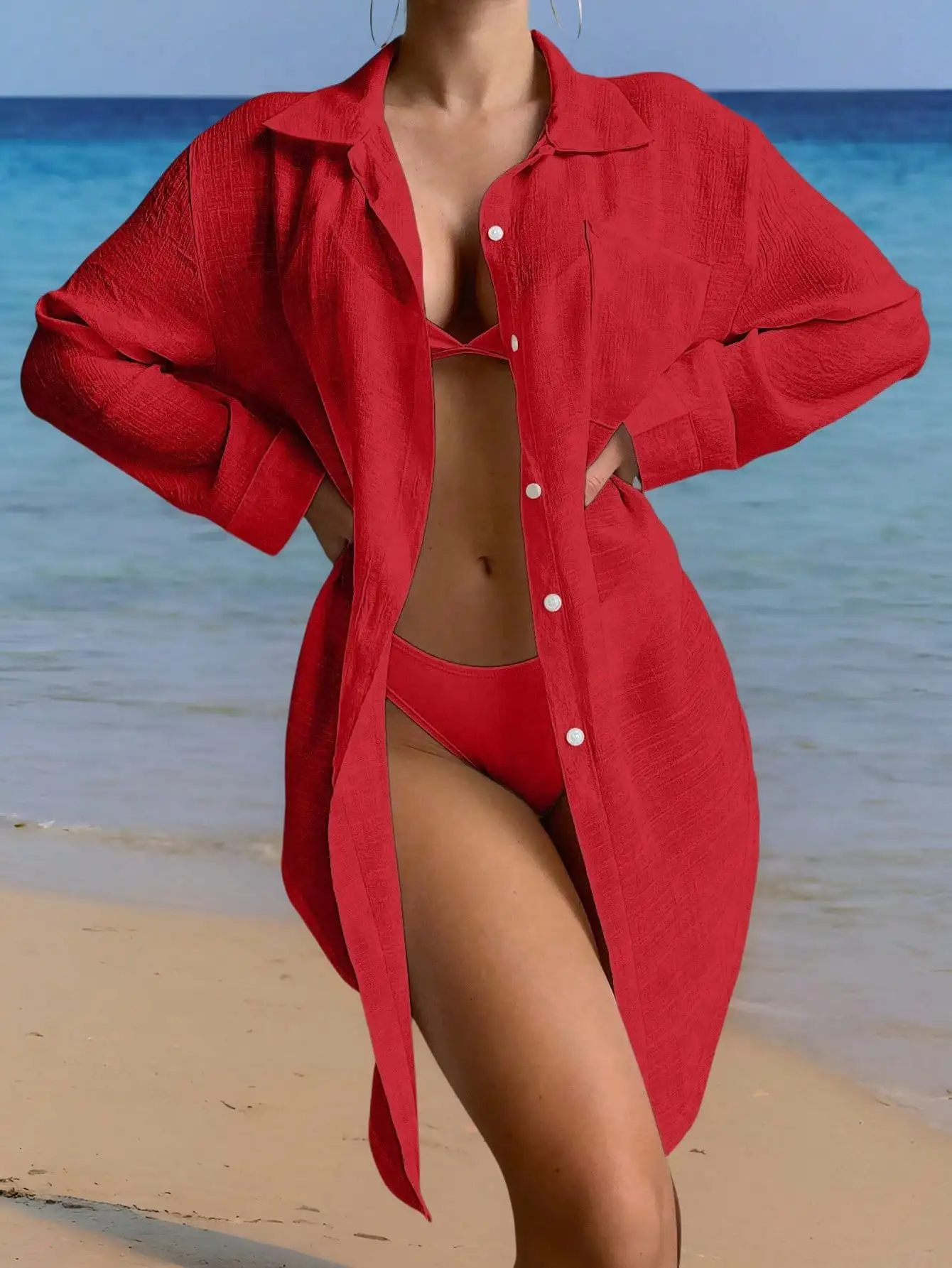 

Red Solid Color Kimono Cover Up Shirt for Women Beach Swimwear