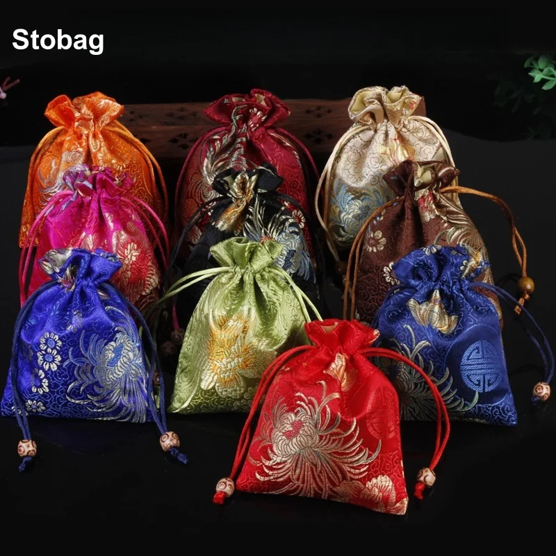 

StoBag 5pcs Chinese Silk Cotton Drawstring Bag Small Sachet Gift Jewelry Packaging Storage Bundle Pocket Reusable Pouch Party