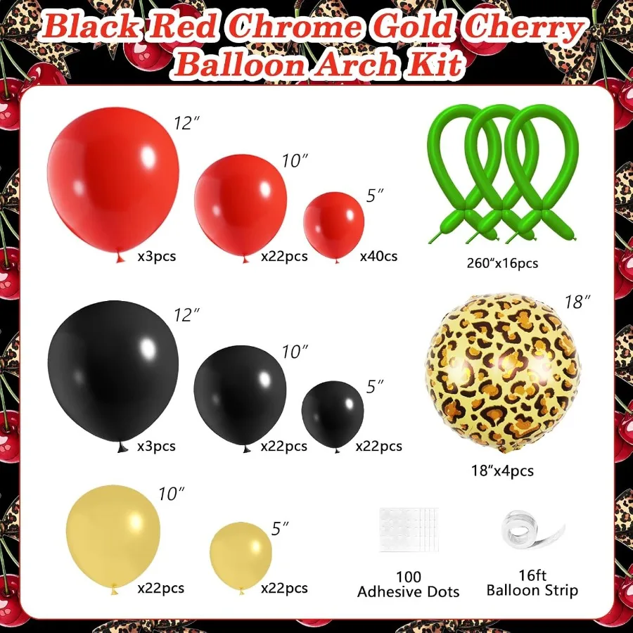 182 قطعة زينة حفلات بيتي ليوبارد الفهد طباعة زينة الحفلات الأحمر والأسود الكرز طقم قوس بالون مع الفهد الذهبي B