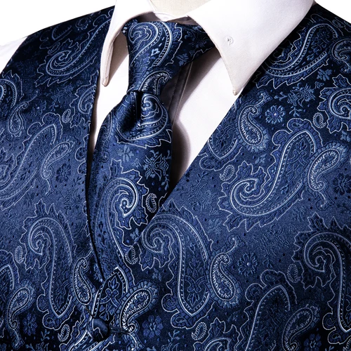 Imagen 2 del producto Chaleco Hi-Tie azul marino para hombre, chaleco Formal de seda Paisley, chaqueta, corbata, pañuelo, conjunto de gemelos para hombre, traje de fiesta de boda